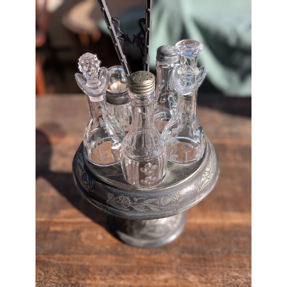 Antique Victorian Silverplate 7-piece Rotating Condiments Cruet Set w/Stoppers - Picture 2 of 16